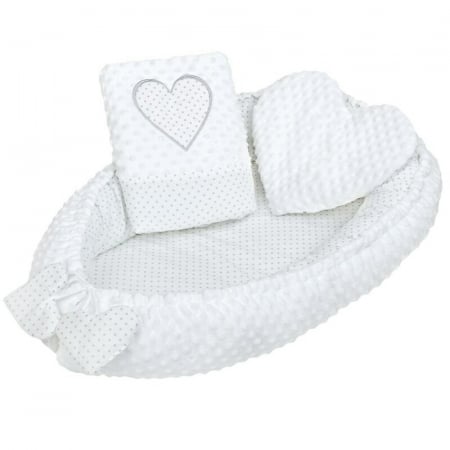 Camera copilului - Set 3 piese Luxury, Baby Nest cu doua fete, Cu paturica si pernuta in forma de inima, New Baby, Minky Heart White