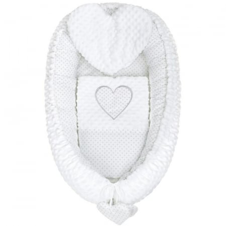Set 3 piese Luxury, Baby Nest cu doua fete, Cu paturica si pernuta in forma de inima, New Baby, Minky Heart White [1]