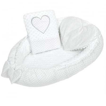 Set 3 piese Luxury, Baby Nest cu doua fete, Cu paturica si pernuta in forma de inima, New Baby, Minky Heart White [2]