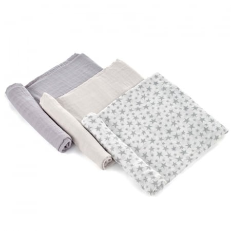 Curat si sanatos - Set 3 scutece, Jane, Din muselina de bambus, Hipoalergenice, 80 x 80 cm, Star