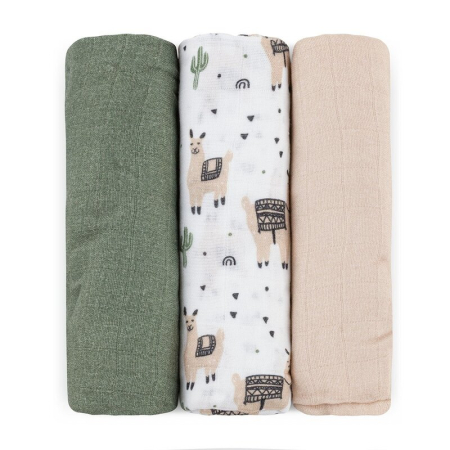 Curat si sanatos - Set 3 scutece, Petite&Mars, Moussy, Din muselina de bambus, Hipoalergenice, 68 x 68 cm, Certificate Oeko Tex Standard 100, Lama Vibes