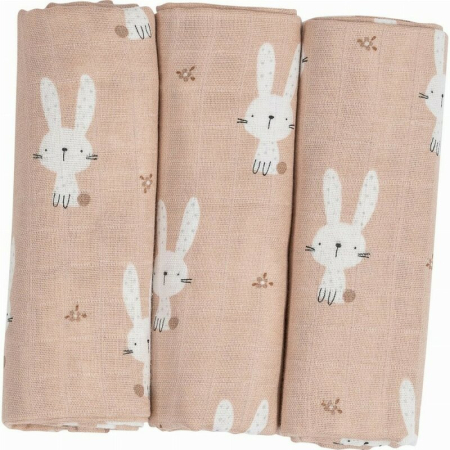 Curat si sanatos - Set 3 scutece terta, Bubaba, Din bumbac, 80x80 cm, Beige Bunnies