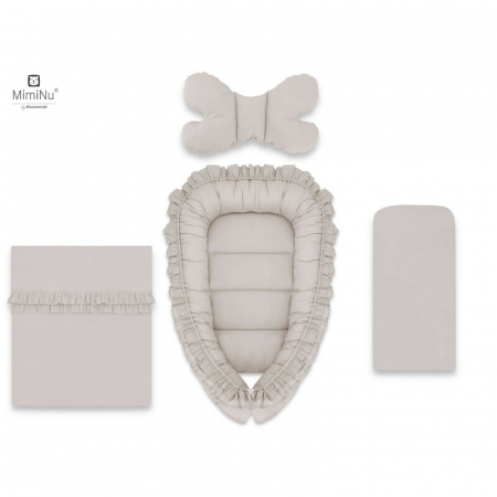 Cosuri de dormit - Set 4 in 1 Cosulet bebelus Baby Cocoon 75x55 cm, Cu volanase, paturica 50x70 cm, salteluta 60x32 cm, perna 40x27 cm, Royal, Beige