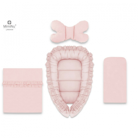Cosuri de dormit - Set 4 in 1 Cosulet bebelus Baby Cocoon 75x55 cm, Cu volanase, paturica 50x70 cm, salteluta 60x32 cm, perna 40x27 cm, Royal, Powder Pink