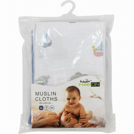 Set 4 lavete, Bubaba, Din muselina, Dimensiune 40x40 cm, Pentru spalarea si ingrijirea fetei si a corpului bebelusului dupa masa sau baita, Blue Ship [1]