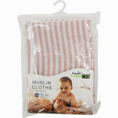 Set 4 lavete, Bubaba, Din muselina, Dimensiune 40x40 cm, Pentru spalarea si ingrijirea fetei si a corpului bebelusului dupa masa sau baita, Pink Stripes [1]