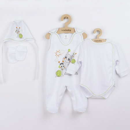 Combinezoane - Set 4 piese: body cu maneca lunga, salopeta fara maneci, caciulita, manusi, Marime 56, Din bumbac 100%, New Baby, Snail
