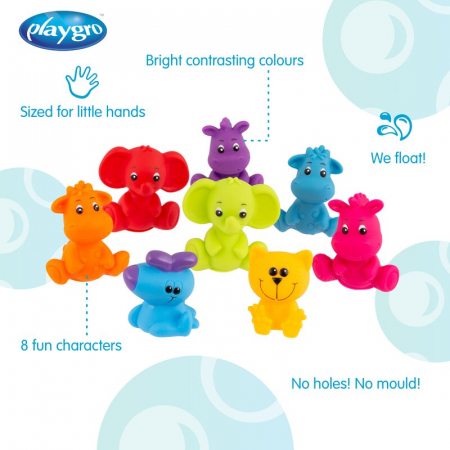 Set 8 jucarii de baie, Playgro, Animalute, Fara gauri, Culori contrastante, Stimuleaza imaginatia si abilitatile motorii, 6 luni+, Jungle Fun Friends [9]