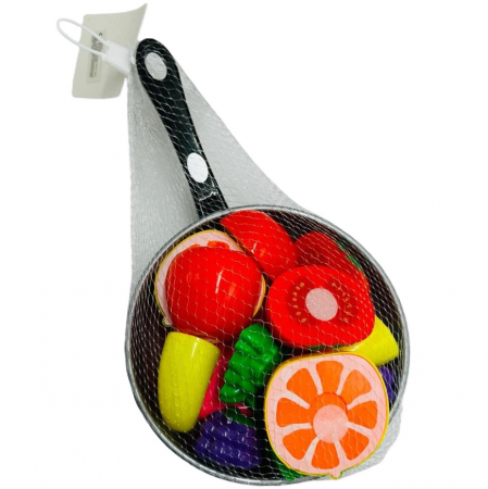 Bucatarii si electrocasnice - Set de joaca Tigaie ,  fructe si legume, tocator si cutit plastic. 
