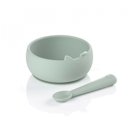 Cani , farfurii , tacamuri - Set de masa, Jane, Din silicon, 2 piese, Cu bol si lingurita, BPA Free, Mint