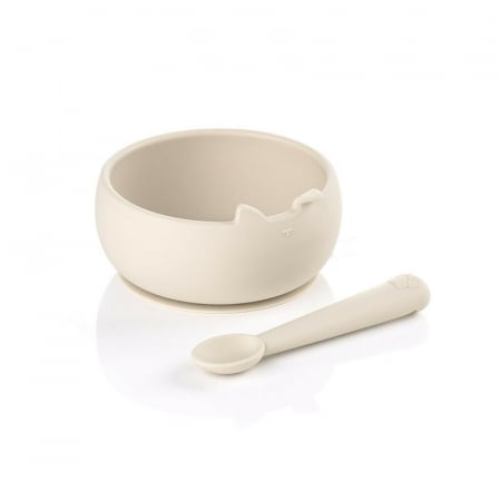 Cani , farfurii , tacamuri - Set de masa, Jane, Din silicon, 2 piese, Cu bol si lingurita, BPA Free, Sand