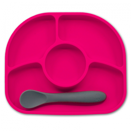 Cani , farfurii , tacamuri - Set de masa, Yumi, Farfurie compartimentata si lingurita, Cu 4 compartimente, Fara BPA, Bbluv, Pink