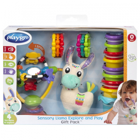 Set jucarii interactive, Playgro, Include 6 cupe pentru stivuire, 6 inele, o jucarie din plus si o jucarie cu ventuza, 6 luni+, Sensory Llama Explore and Play Gift Pack [9]