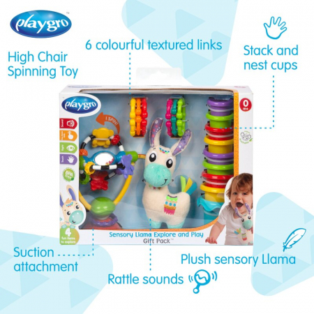Set jucarii interactive, Playgro, Include 6 cupe pentru stivuire, 6 inele, o jucarie din plus si o jucarie cu ventuza, 6 luni+, Sensory Llama Explore and Play Gift Pack [11]