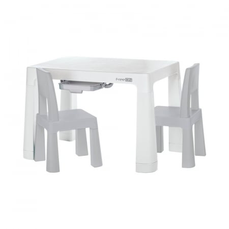 Mobilier pentru copii - Set masuta si doua scaune pentru copii, Neo, Cu doua sertare, Cu masa reglabila la doua inaltimi, FreeON, Gri