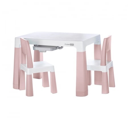 Mobilier pentru copii - Set masuta si doua scaune pentru copii, Neo, Cu doua sertare, Cu masa reglabila la doua inaltimi, FreeON, Roz