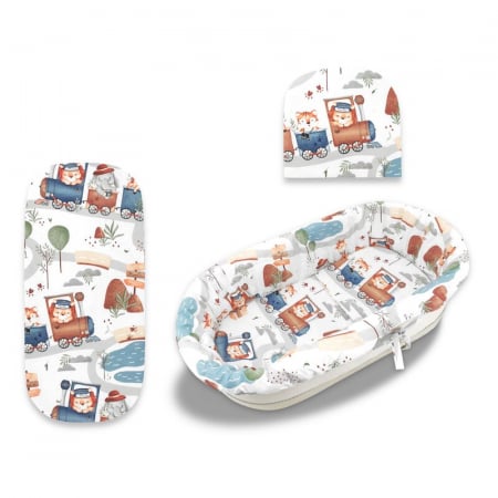 Set pentru landou/cosulet, MimiNu, Cu protectie, saltea si pernuta, Din bumbac certificat Oeko Tex Standard 100, Design, Zoo in train [1]