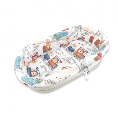 Set pentru landou/cosulet, MimiNu, Cu protectie, saltea si pernuta, Din bumbac certificat Oeko Tex Standard 100, Design, Zoo in train [2]