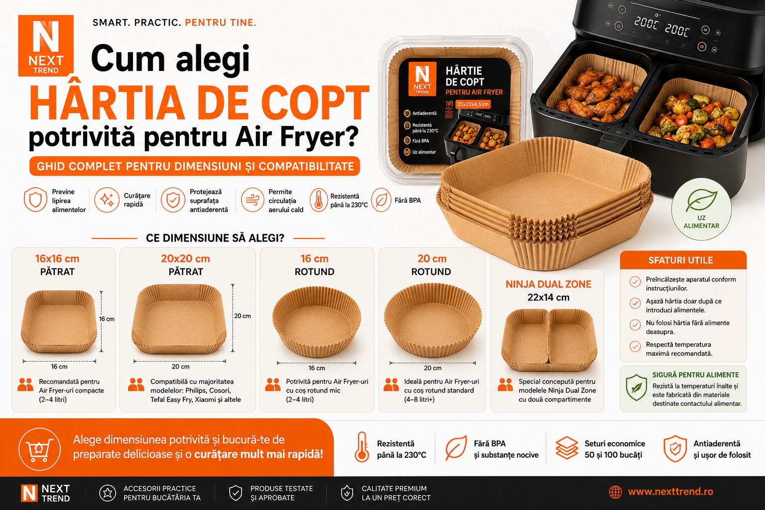 Cum alegi hârtia de copt potrivită pentru Air Fryer? Ghid complet pentru forme pătrate, rotunde și Ninja Dual Zone