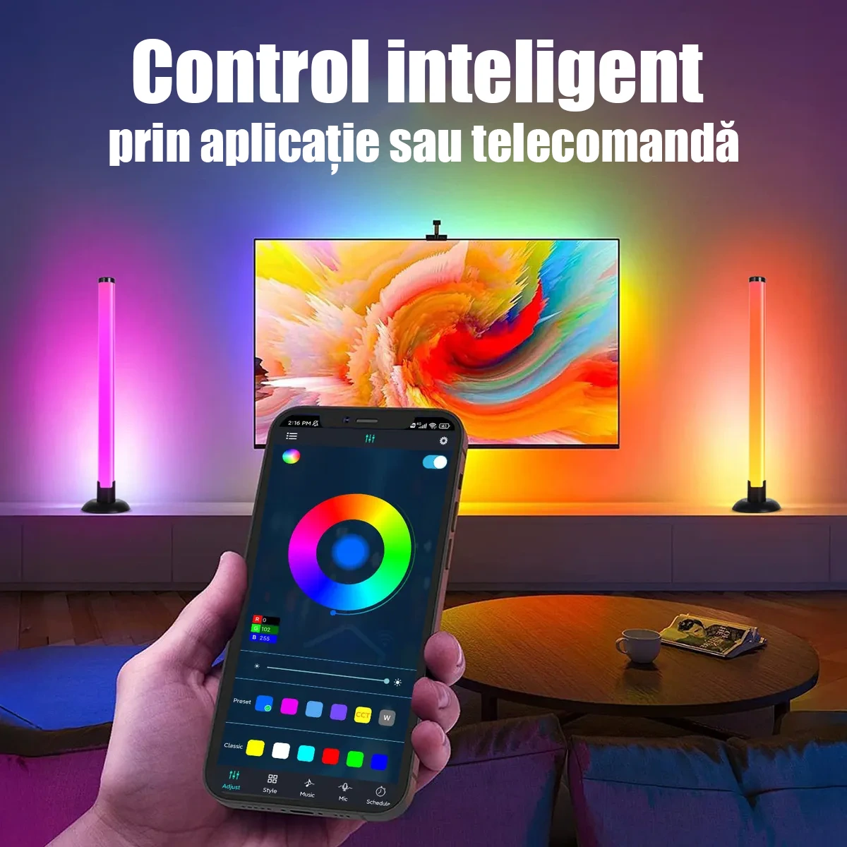 Bară Luminoasă RGB 360° Smart, LED 31 cm, 16M Culori, Sync Muzică, App & Telecomandă – Ambient Gaming [6]