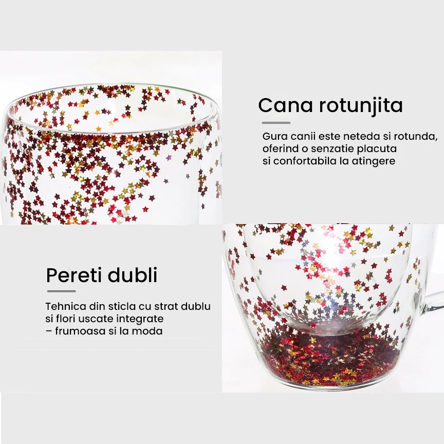 Cana din sticla borosilicata pereti dubli 350ml cu stele stralucitoare – cana cafea, ceai, cappuccino, latte, espresso, cadou elegant, Next Trend [5]