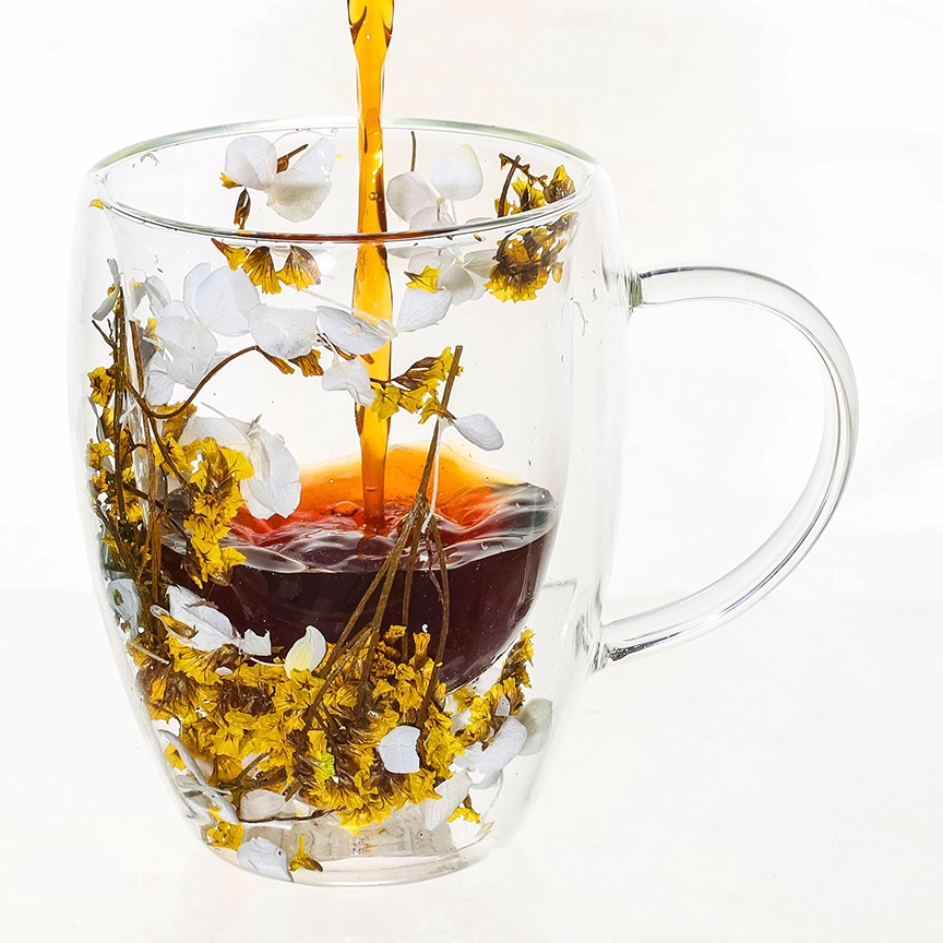 Cana din sticla borosilicata pereti dubli 350ml flori uscate galbene – cana cafea, ceai, cappuccino, latte, espresso, cadou elegant, Next Trend [2]