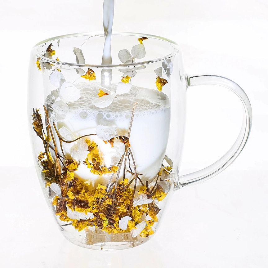 Cana din sticla borosilicata pereti dubli 350ml flori uscate galbene – cana cafea, ceai, cappuccino, latte, espresso, cadou elegant, Next Trend [3]