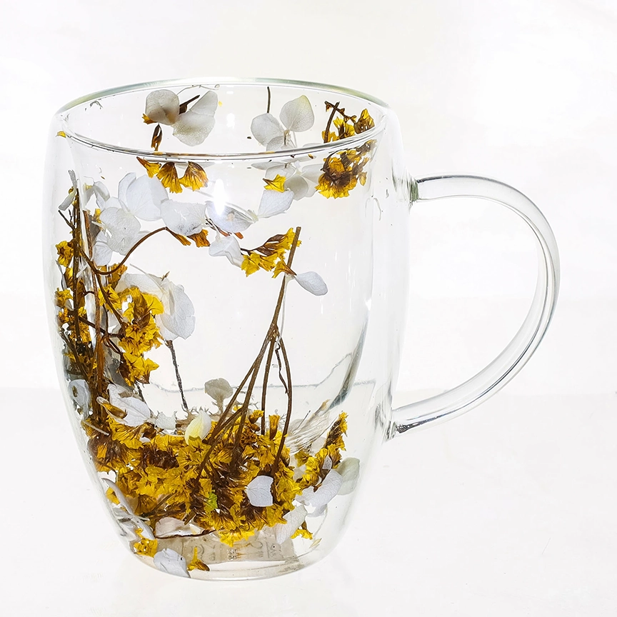 Cana din sticla borosilicata pereti dubli 350ml flori uscate galbene – cana cafea, ceai, cappuccino, latte, espresso, cadou elegant, Next Trend [1]
