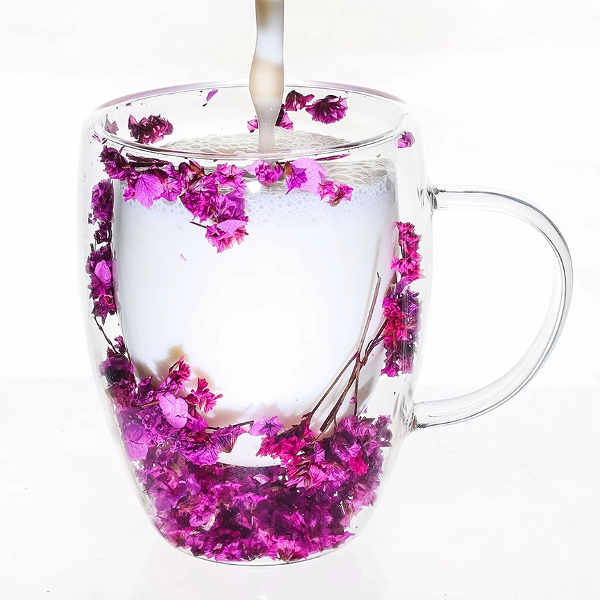 Cana din sticla borosilicata pereti dubli 350ml flori uscate mov – cana cafea, ceai, cappuccino, latte, espresso, cadou elegant, Next Trend [3]