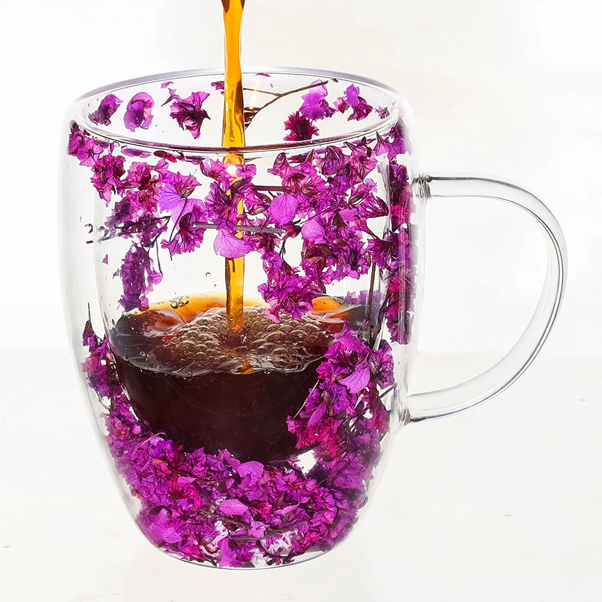 Cana din sticla borosilicata pereti dubli 350ml flori uscate mov – cana cafea, ceai, cappuccino, latte, espresso, cadou elegant, Next Trend [2]