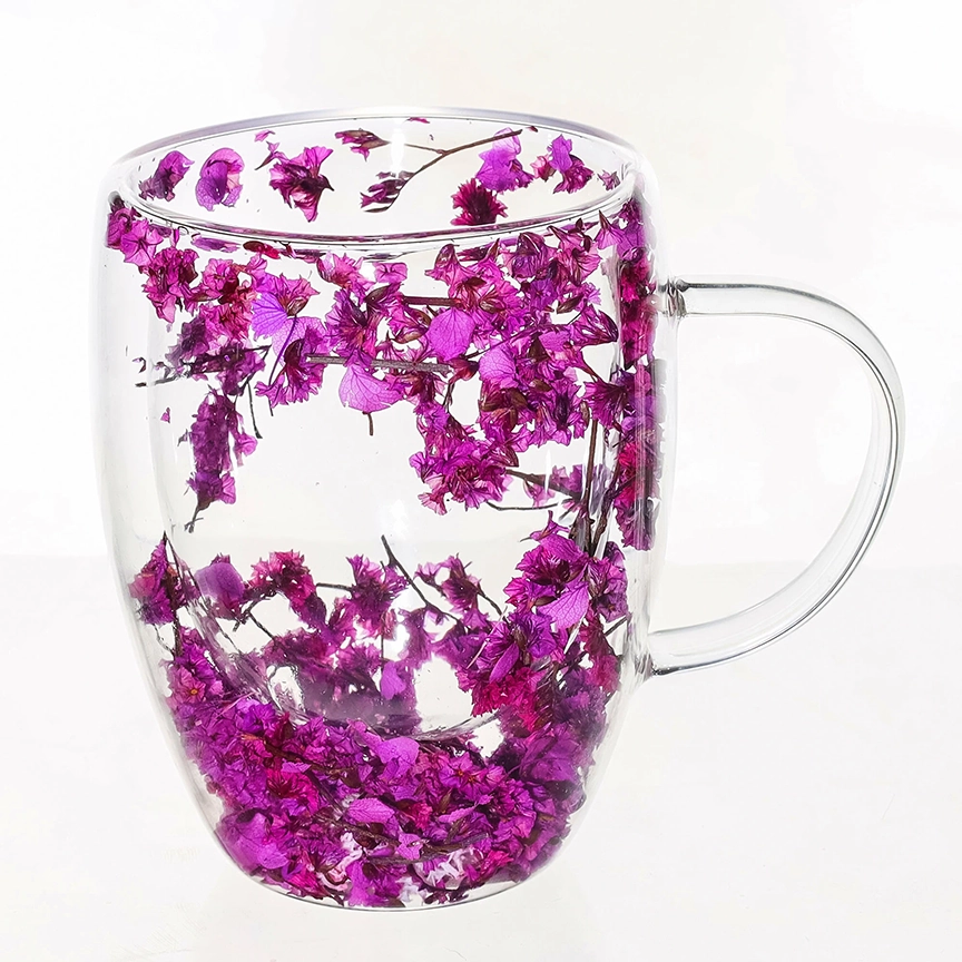 Cana din sticla borosilicata pereti dubli 350ml flori uscate mov – cana cafea, ceai, cappuccino, latte, espresso, cadou elegant, Next Trend [1]