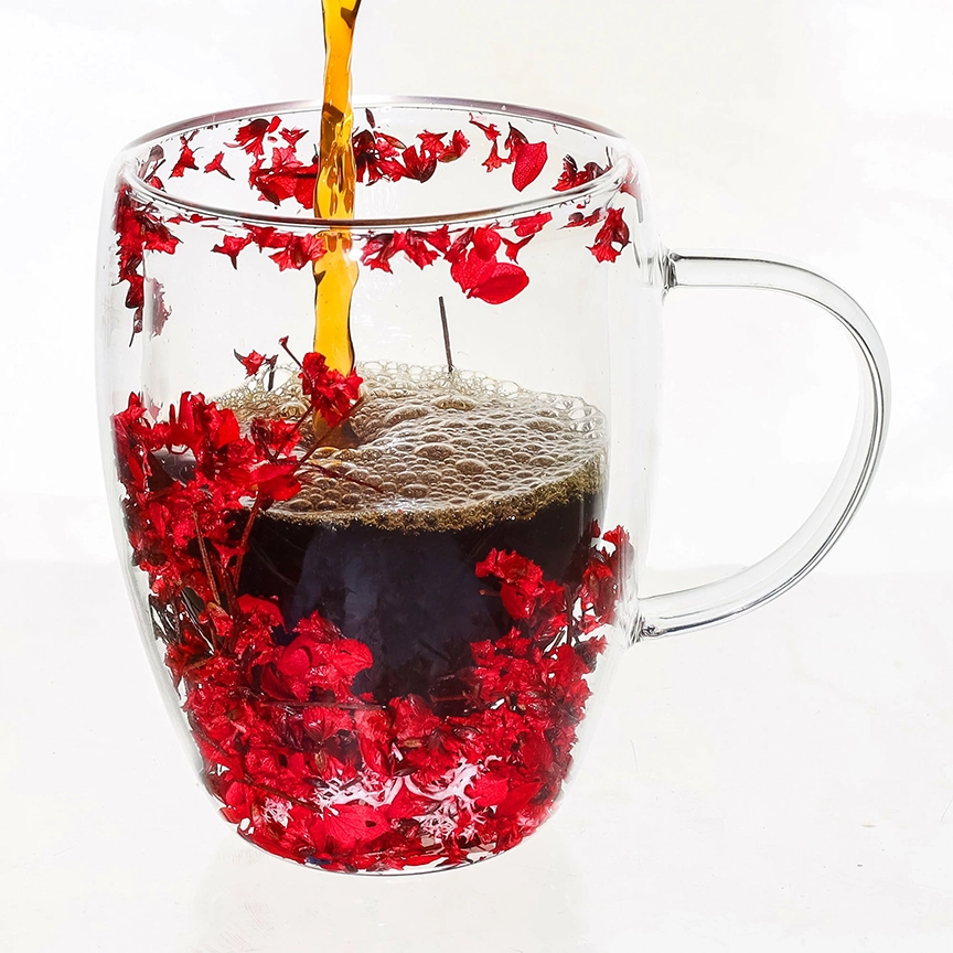 Cana din sticla borosilicata pereti dubli 350ml flori uscate rosii – cana cafea, ceai, cappuccino, latte, espresso, cadou elegant, Next Trend [2]