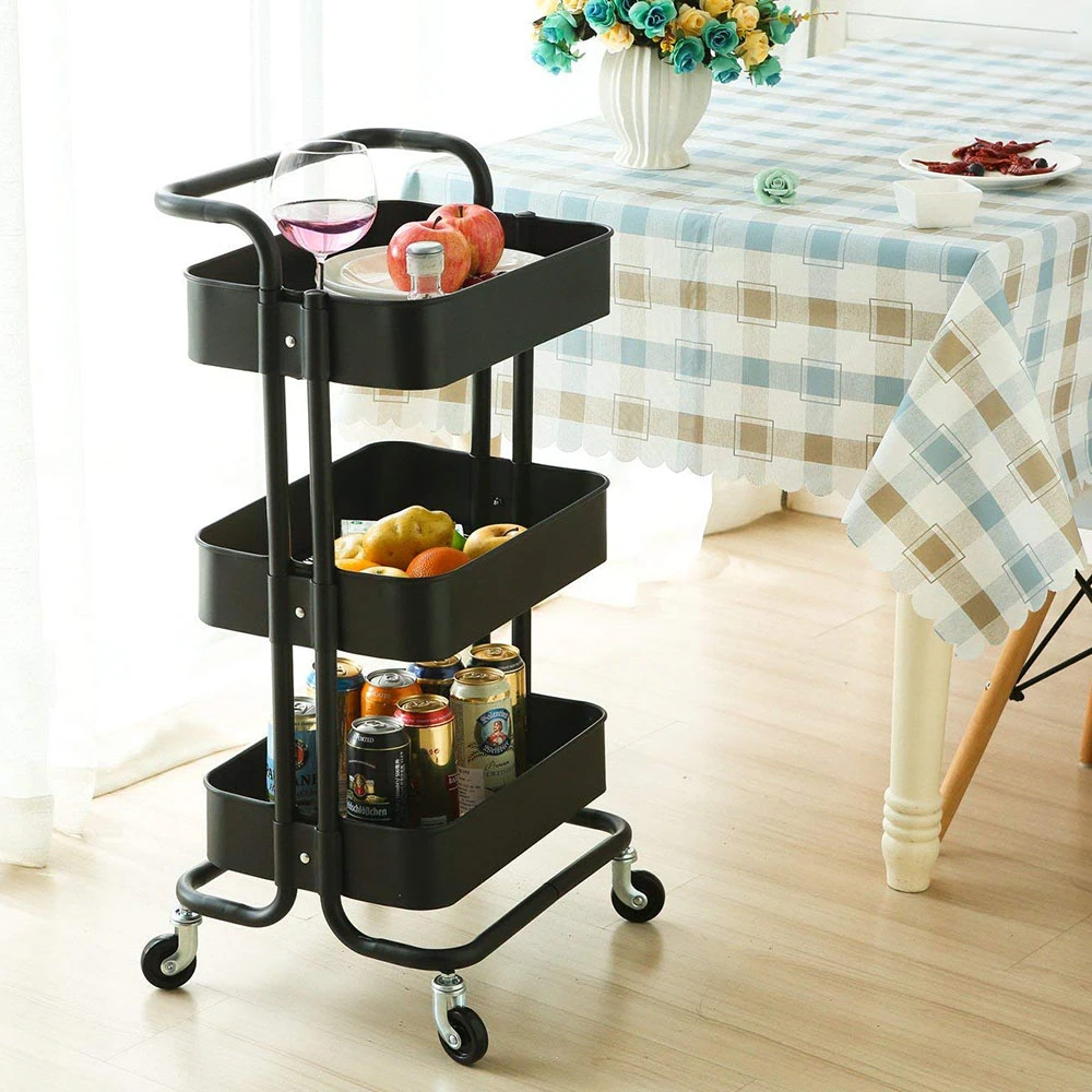 Carucior depozitare bucatarie pe roti Next Trend – 3 niveluri, metalic, cu cosuri si maner ergonomic, negru [3]