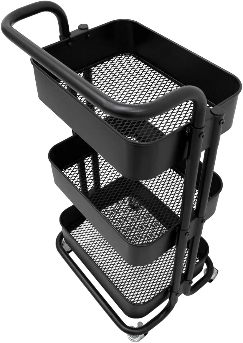 Carucior depozitare bucatarie pe roti Next Trend – 3 niveluri, metalic, cu cosuri si maner ergonomic, negru [8]