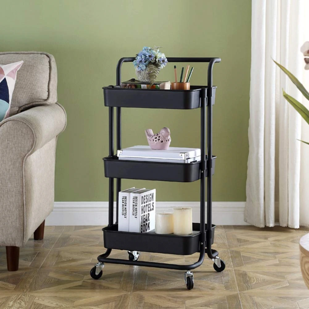 Carucior depozitare bucatarie pe roti Next Trend – 3 niveluri, metalic, cu cosuri si maner ergonomic, negru [4]