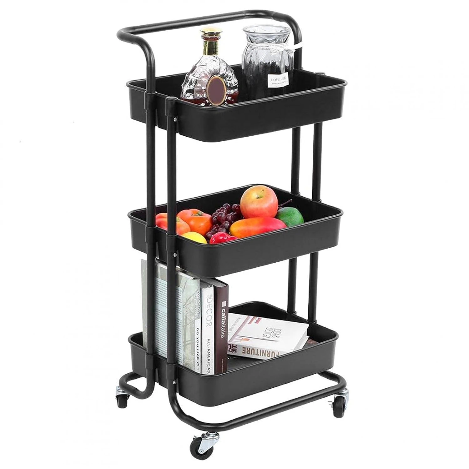 Carucior depozitare bucatarie pe roti Next Trend – 3 niveluri, metalic, cu cosuri si maner ergonomic, negru [5]