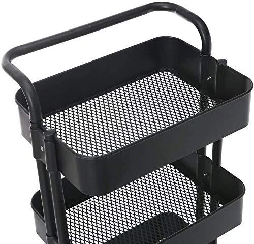 Carucior depozitare bucatarie pe roti Next Trend – 3 niveluri, metalic, cu cosuri si maner ergonomic, negru [9]