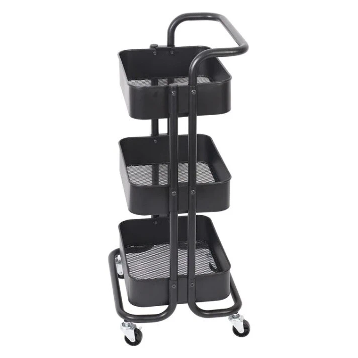 Carucior depozitare bucatarie pe roti Next Trend – 3 niveluri, metalic, cu cosuri si maner ergonomic, negru [6]