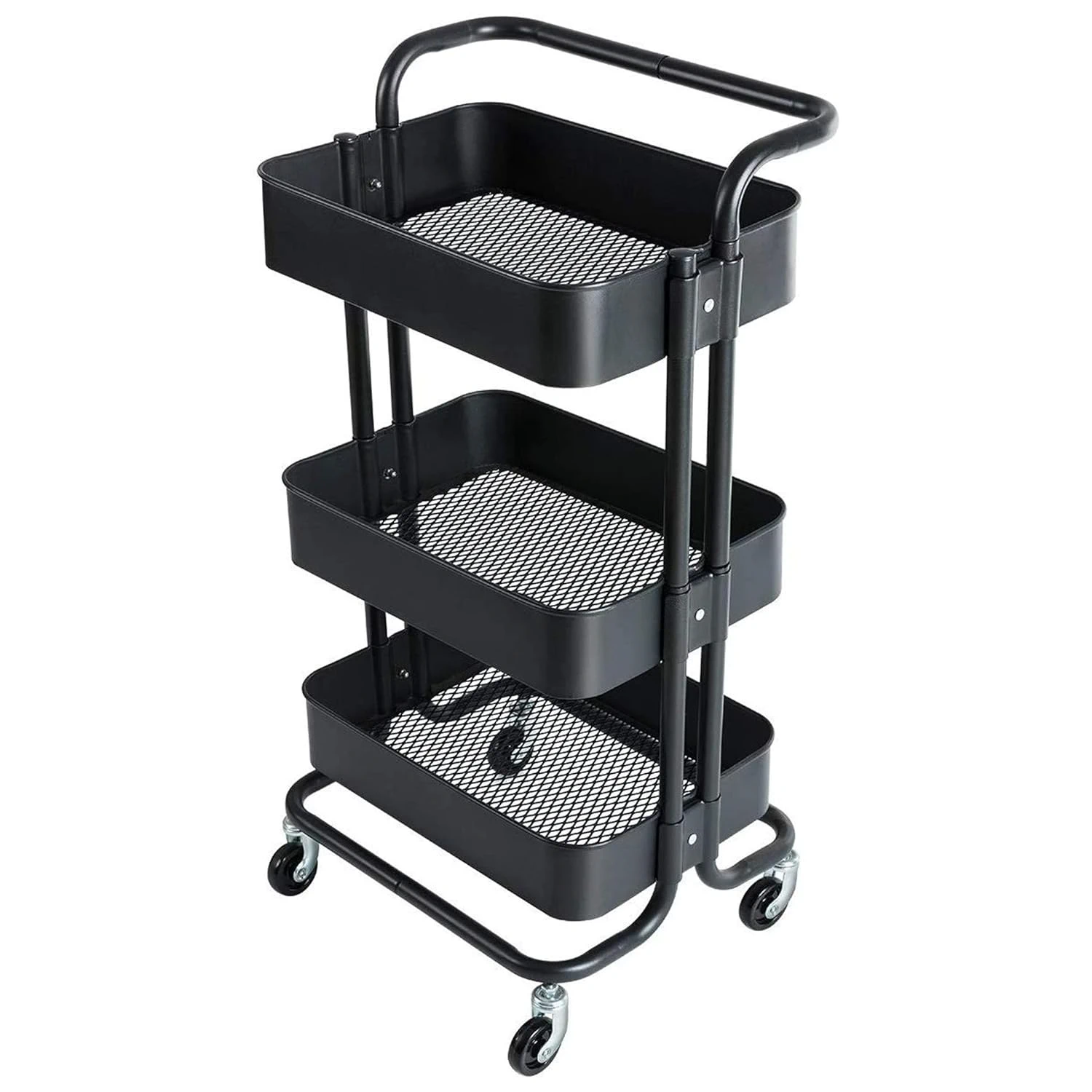 Carucior depozitare bucatarie pe roti Next Trend – 3 niveluri, metalic, cu cosuri si maner ergonomic, negru [10]