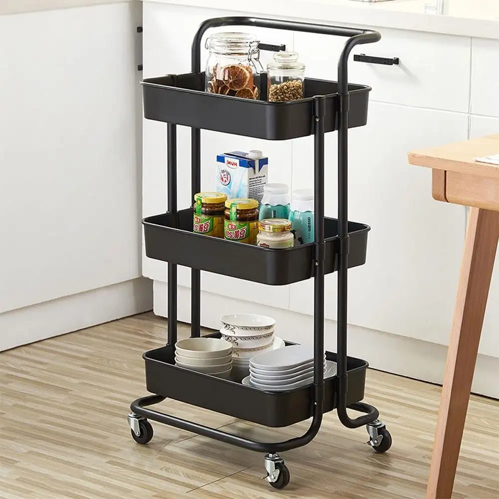 Carucior depozitare bucatarie pe roti Next Trend – 3 niveluri, metalic, cu cosuri si maner ergonomic, negru [1]