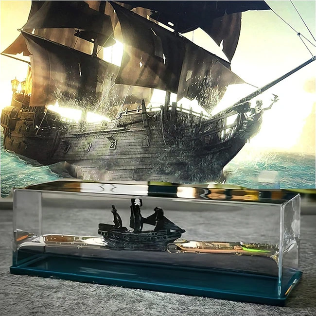 Corabie Black Pearl în Sticlă – Cadou Antistres Original, Decor Nautic Elegant, 15x5x5 cm, Vapor Plutitor din Acril și Rășină | NextTrend [8]