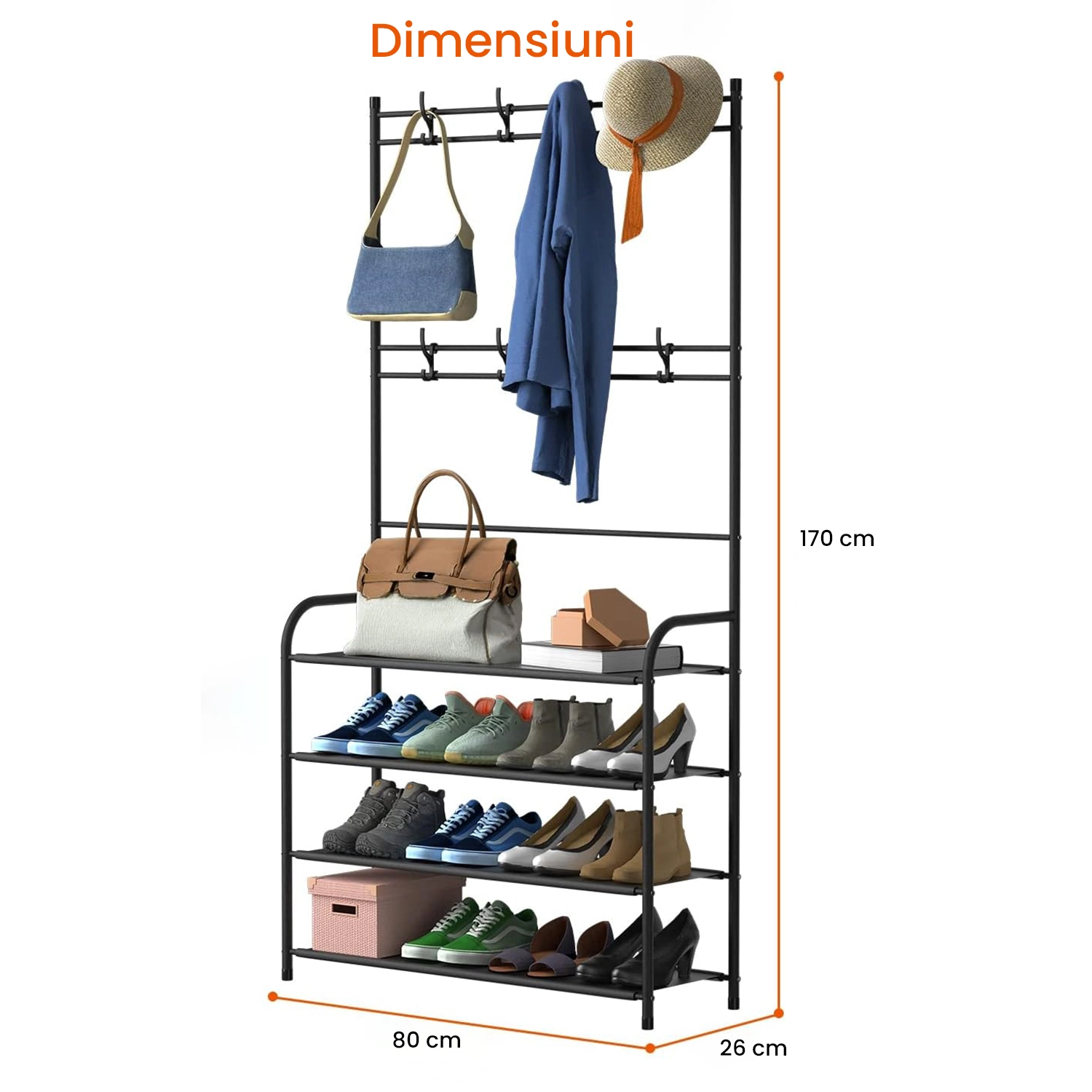Cuier multifunctional cu pantofar - Raft pantofi 5 niveluri, 8 carlige, cadru metalic, organizator hol, negru [3]