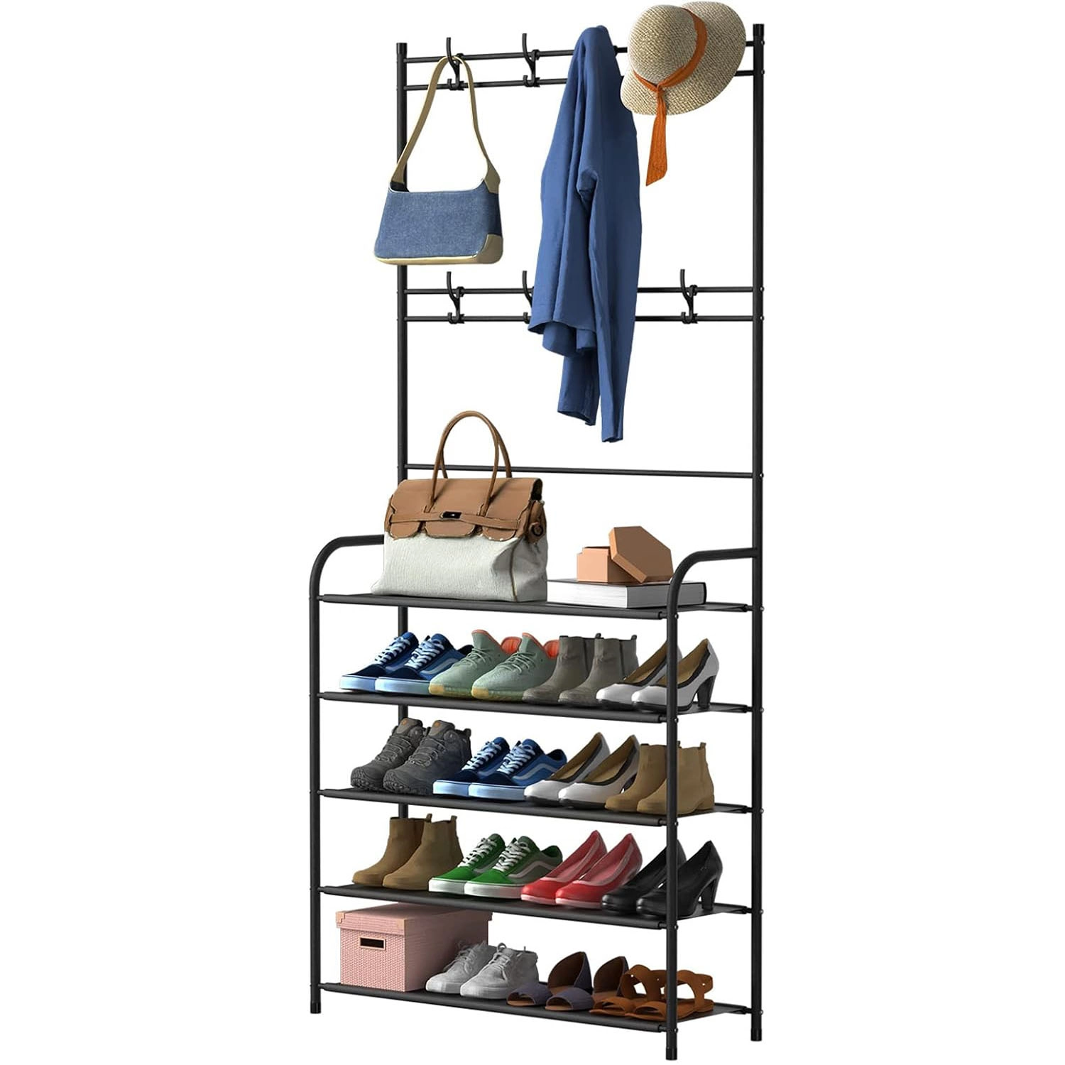 Cuier multifunctional cu pantofar - Raft pantofi 5 niveluri, 8 carlige, cadru metalic, organizator hol, negru [5]