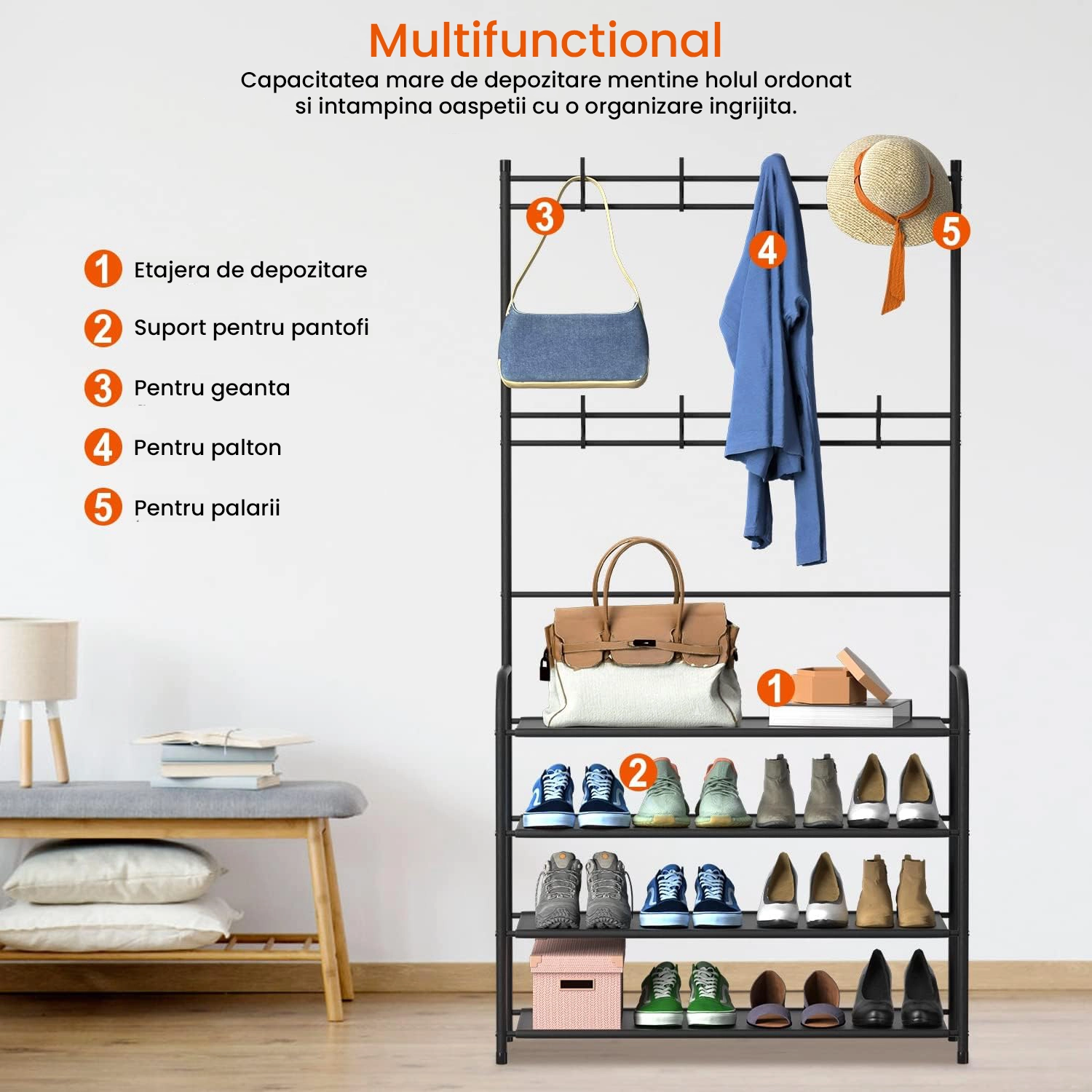 Cuier multifunctional cu pantofar - Raft pantofi 5 niveluri, 8 carlige, cadru metalic, organizator hol, negru [2]