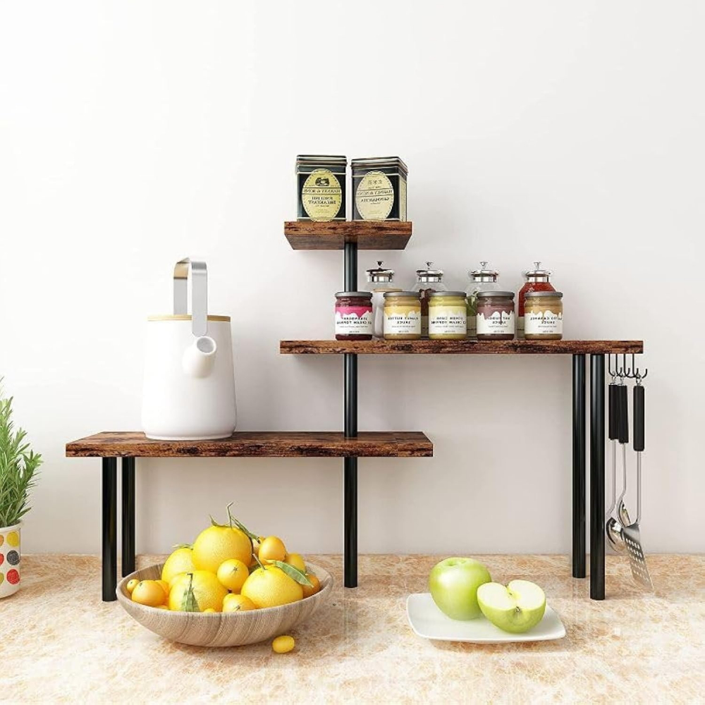 Etajera Condimente, Design Modern, Negru cu Imitatie Lemn, 3 Polite, - Organizare Practica si Eleganta [9]