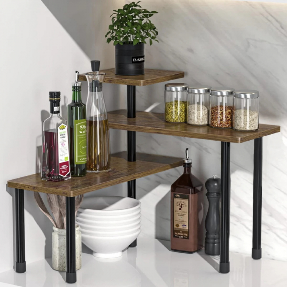 Etajera Condimente, Design Modern, Negru cu Imitatie Lemn, 3 Polite, - Organizare Practica si Eleganta [1]
