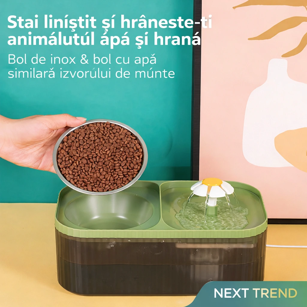 Fântână Apă Câini și Pisici 3L cu Filtru & Pompă Silențioasă + Bol Inox – Dispenser Automat Pet [2]