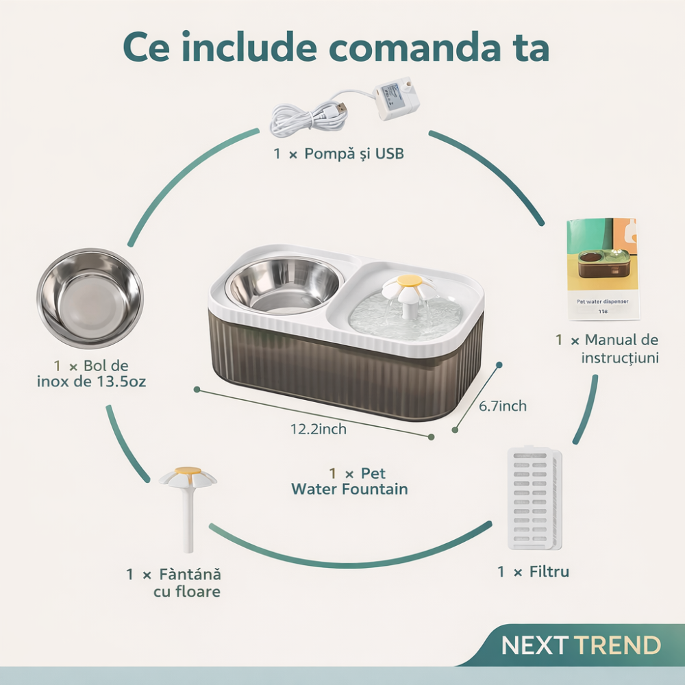 Fântână Apă Câini și Pisici 3L cu Filtru & Pompă Silențioasă + Bol Inox – Dispenser Automat Pet [3]