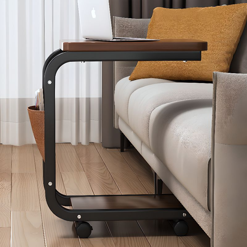 Masuta Cafea sau Laptop Mobila, Design Compact, Otel Carbon, 2 Blaturi Lemn, 4 Roti, Buzunar Depozitare, 65x45x30 cm [2]
