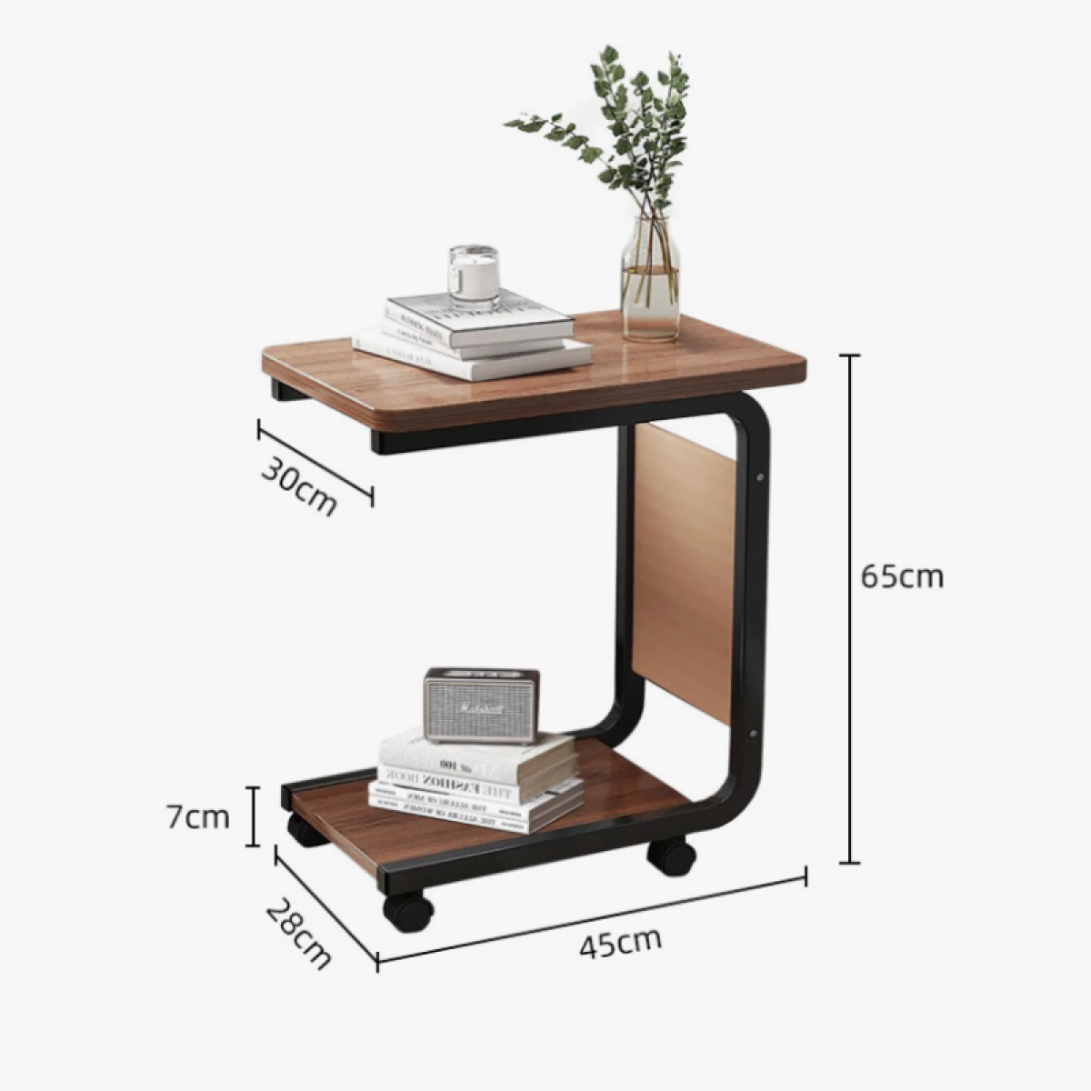 Masuta Cafea sau Laptop Mobila, Design Compact, Otel Carbon, 2 Blaturi Lemn, 4 Roti, Buzunar Depozitare, 65x45x30 cm [8]